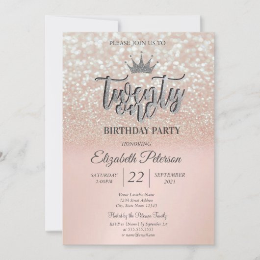 Roos Gold Glitter Bokeh Ombre, Tiara 21th Birthday Kaart (Voorkant)