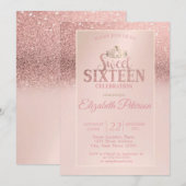 Roos Gold Glitter Bokeh Ombre, Tiara Sweet 16 Part Kaart (Voorkant / Achterkant)