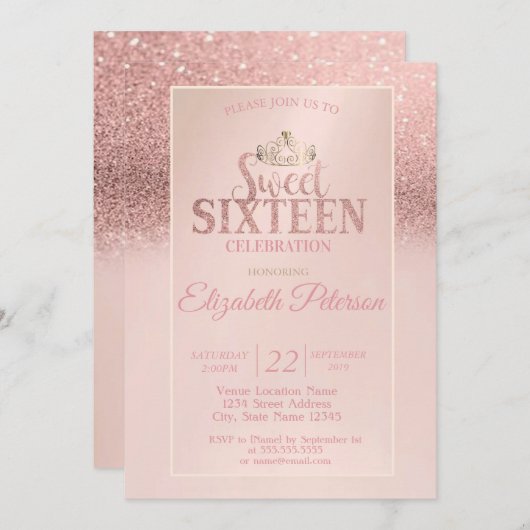 Roos Gold Glitter Bokeh Ombre, Tiara Sweet 16 Part Kaart (Voorkant / Achterkant)