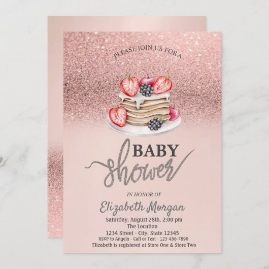 Roos Gold Glitter Bokeh, Pancakes Baby shower Kaart (Voorkant / Achterkant)