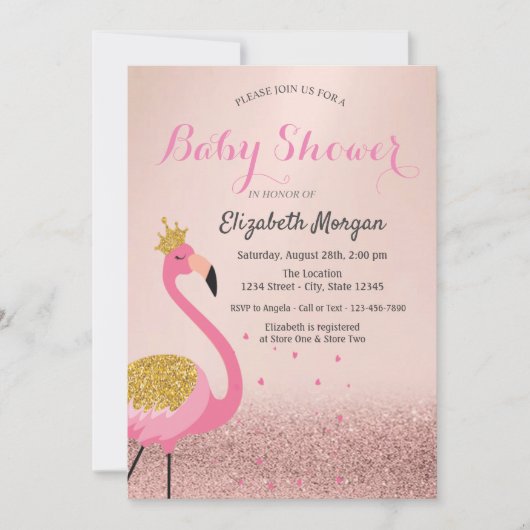 Roos Gold Glitter Bokeh, Roze Flamingo Baby shower Kaart (Voorkant)