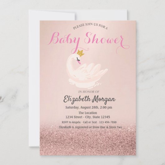 Roos Gold Glitter Bokeh, Swan Crown Baby shower Kaart (Voorkant)