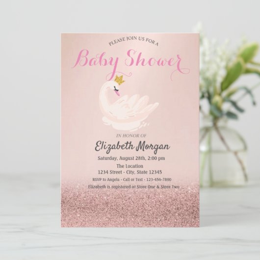 Roos Gold Glitter Bokeh, Swan Crown Baby shower Kaart (Staand voorkant)