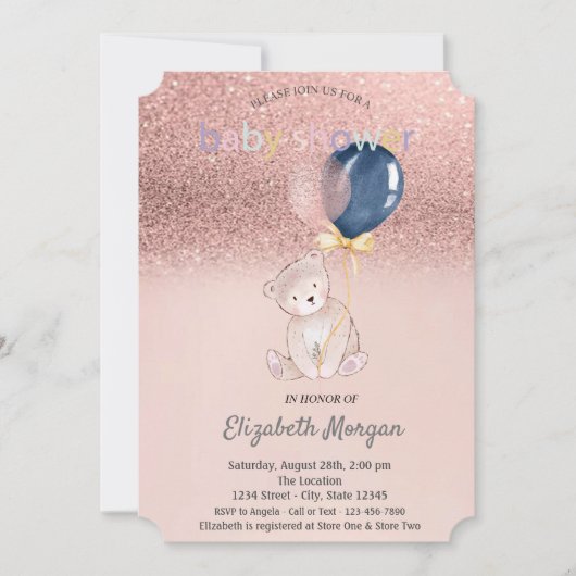 Roos Gold Glitter Bokeh, Teddy Bear Baby shower Kaart (Voorkant)