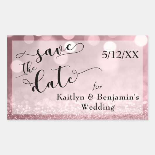 Roos Gold Glitter Bokeh & Typografie Opslaan Datum Rechthoekige Sticker (Voorkant)