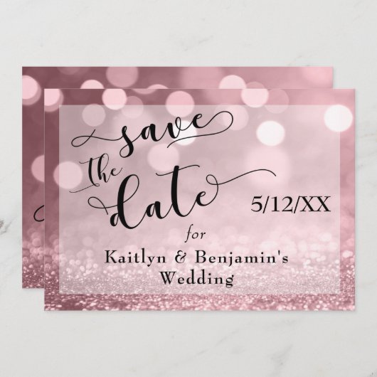 Roos Gold Glitter Bokeh & Typografie Save the Date (Voorkant / Achterkant)