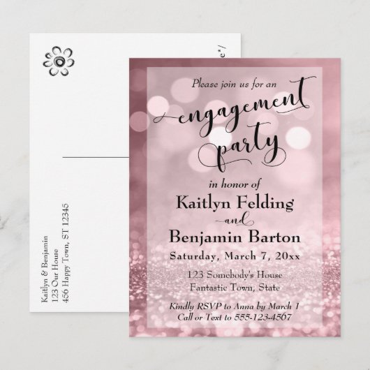 Roos Gold Glitter Bokeh Verlovingsfeest Uitnodiging Briefkaart (Voorkant / Achterkant)