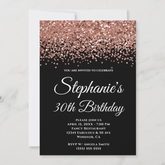 Roos Gold Glitter Border Black 30th Birthday Kaart (Voorkant)
