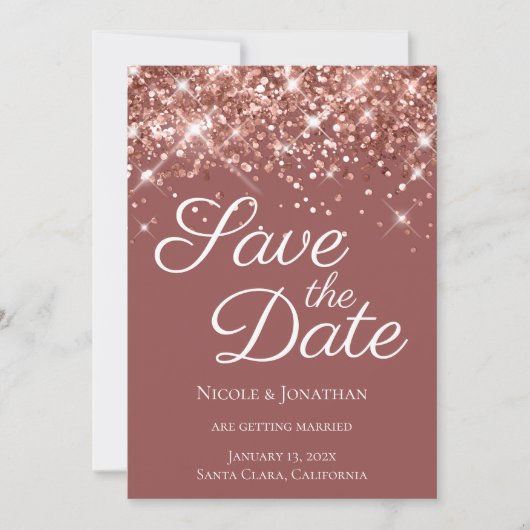 Roos Gold Glitter Brick Elegant Calligrafie Save The Date (Voorkant)