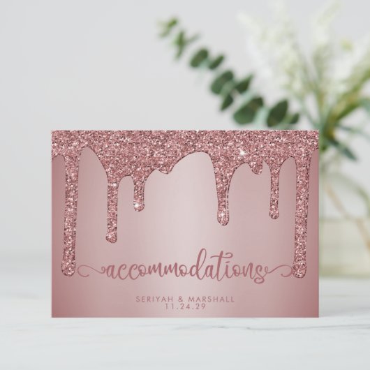 Roos Gold Glitter Bruiloft Accommodaties Informatiekaartje (Staand voorkant)