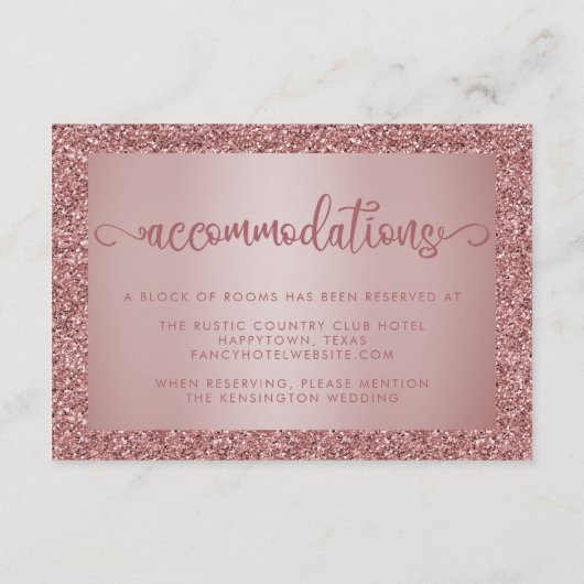 Roos Gold Glitter Bruiloft Accommodaties Informatiekaartje (Achterkant)