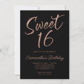 Roos Gold Glitter Brush Script Sweet 16 Black Kaart (Voorkant)