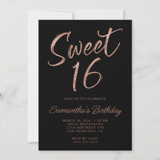 Roos Gold Glitter Brush Script Sweet 16 Black Kaart (Voorkant)