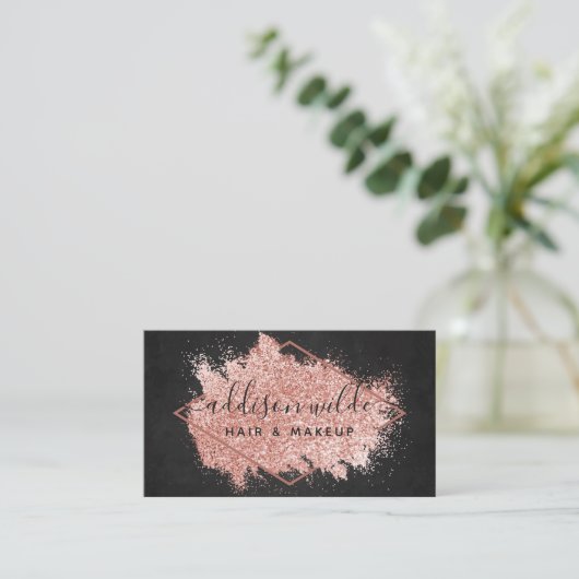 Roos Gold Glitter Brush Stroke Black Geometric Visitekaartje (Staand voorkant)