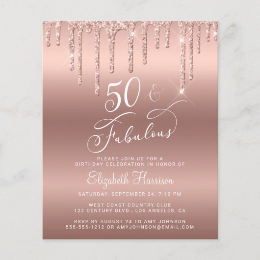 Roos Gold Glitter Budget 50e verjaardag Uitnodigin Flyer (Voorkant)