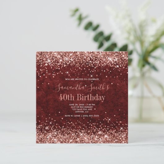 Roos Gold Glitter Burgundy Leather 40th Birthday Kaart (Staand voorkant)