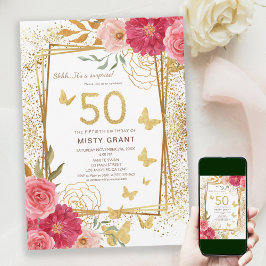 Roos Gold Glitter Butterfies Roze 50ste Verjaardag Kaart