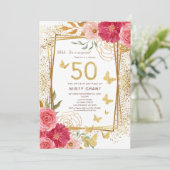 Roos Gold Glitter Butterfies Roze 50ste Verjaardag Kaart (Staand voorkant)