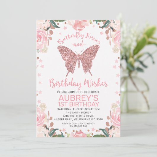 Roos Gold Glitter Butterfly Kisses Birthday Wishes Kaart (Staand voorkant)