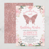 Roos Gold Glitter Butterfly Kisses Birthday Wishes Kaart (Voorkant / Achterkant)
