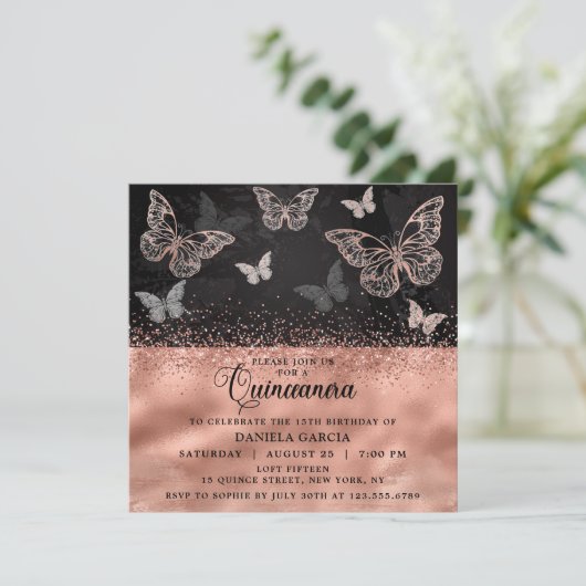 Roos Gold Glitter Butterfly Modern Quinceañera Kaart (Staand voorkant)