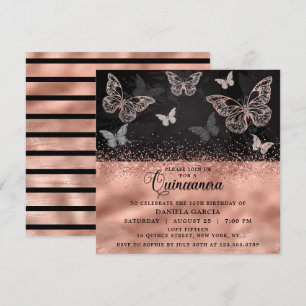 Roos Gold Glitter Butterfly Modern Quinceañera Kaart