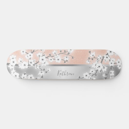 Roos Gold Glitter Cherry Blossom Monogram Girly Persoonlijk Skateboard (Horizontaal)