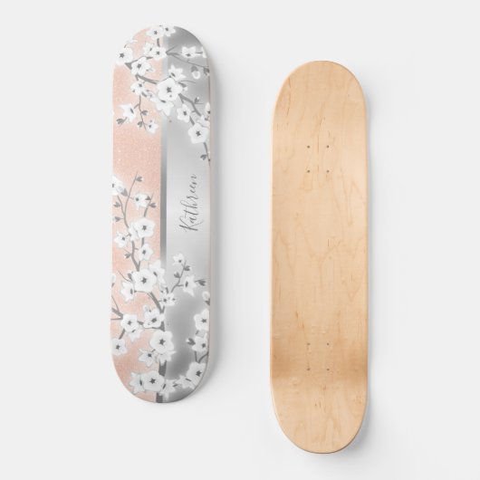 Roos Gold Glitter Cherry Blossom Monogram Girly Persoonlijk Skateboard (Voorkant)