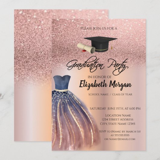 Roos Gold Glitter Chic Dress Afstudeerder Pet Afst Kaart (Voorkant / Achterkant)