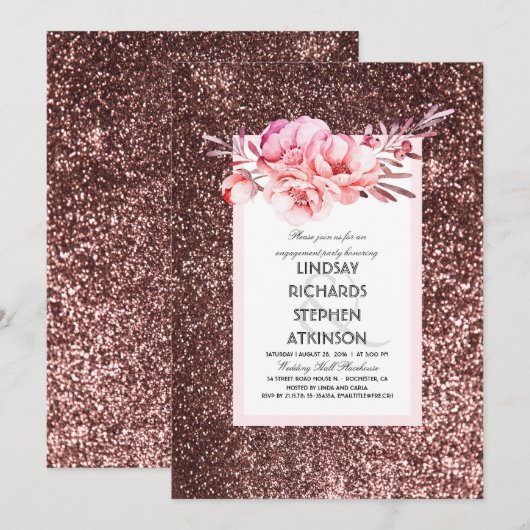 Roos Gold Glitter Chic  Engagement Party Kaart (Voorkant / Achterkant)