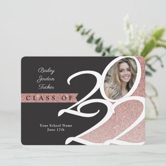 Roos Gold Glitter Class of 2022 Photo Afstuderen Aankondiging (Staand voorkant)