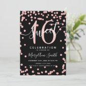 Roos Gold Glitter Confetti 16th Birthday Black Kaart (Staand voorkant)