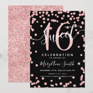 Roos Gold Glitter Confetti 16th Birthday Black  Kaart