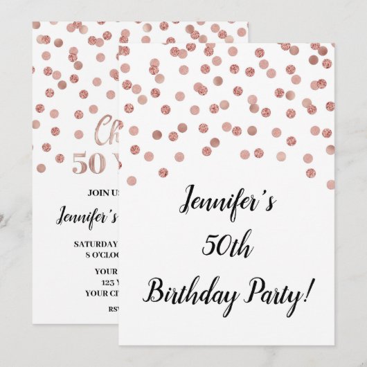 Roos Gold Glitter Confetti Cheers tot 50 jaar Kaart (Voorkant / Achterkant)