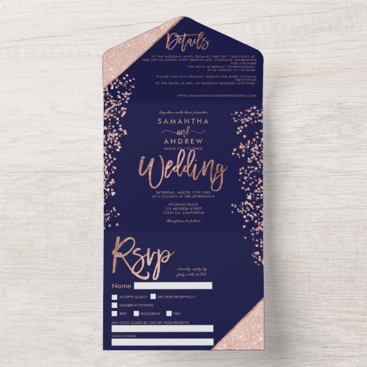 Roos gold glitter confetti navy chic bruiloft all in one uitnodiging (Binnen)
