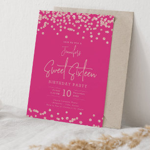 Roos Gold Glitter Confetti Sweet 16 Hot Pink Kaart