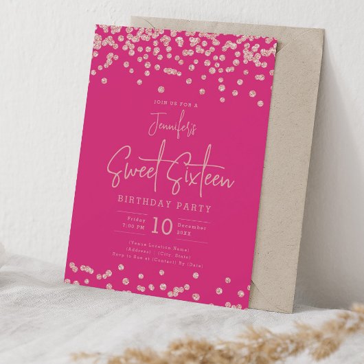 Roos Gold Glitter Confetti Sweet 16 Hot Pink Kaart