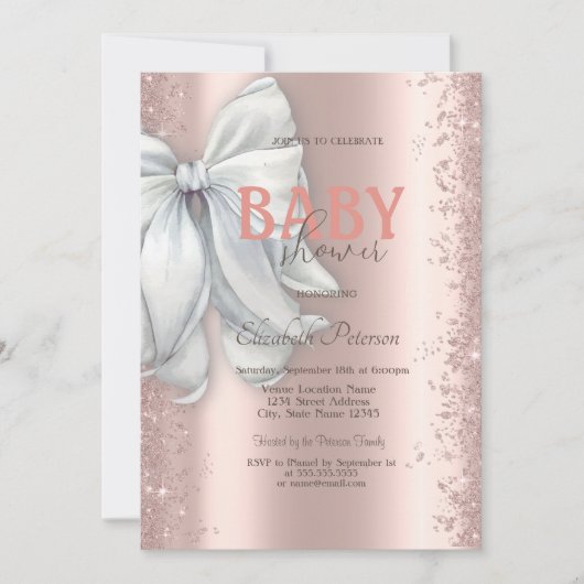 Roos Gold Glitter Confetti White Bow Baby shower Kaart (Voorkant)