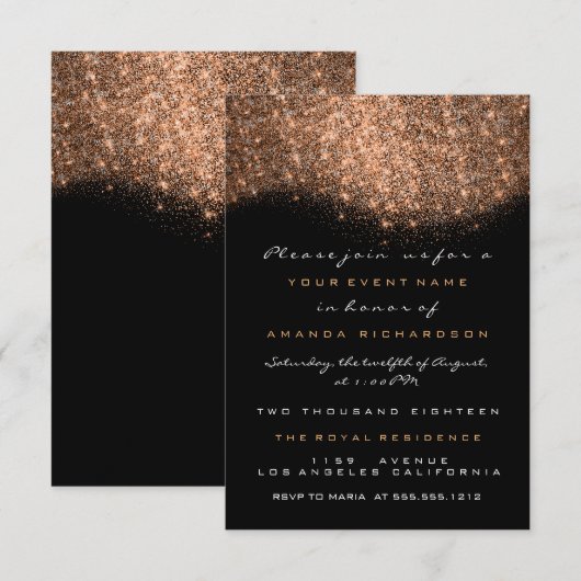 Roos Gold Glitter Copper Black Formele uitnodiging (Voorkant / Achterkant)