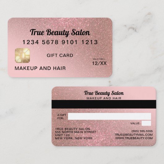 Roos Gold Glitter Credit Kaart Cadeaubon Visitekaartje (Voorkant / Achterkant)