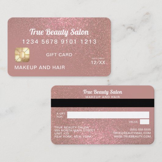Roos Gold Glitter Credit Kaart Cadeaubon Visitekaartje (Voorkant / Achterkant)