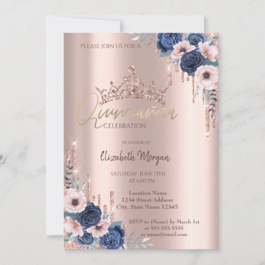 Roos Gold Glitter Crown Drop, Rozen Quinceañera Kaart (Voorkant)