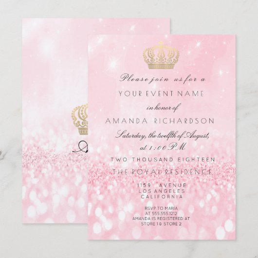 Roos Gold Glitter Crown Royal Glitter 16e Bridal Kaart (Voorkant / Achterkant)