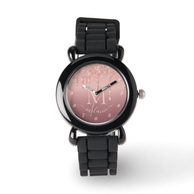 Roos Gold Glitter Custom Name Letter Watch Horloge (Voorkant)