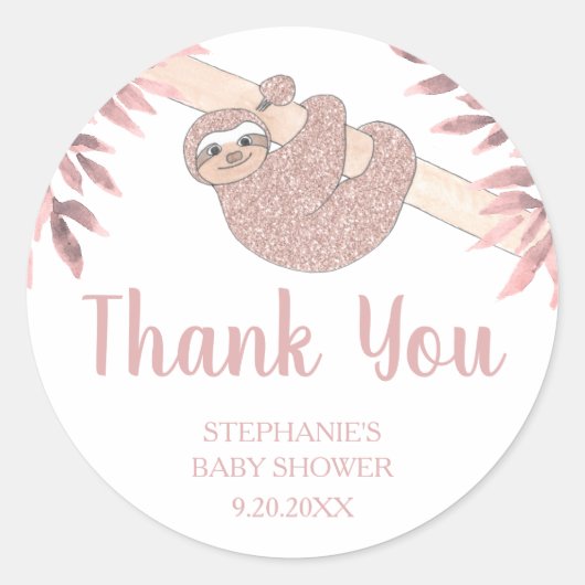 Roos Gold Glitter Cute Sloth Baby shower Sticker (Voorkant)