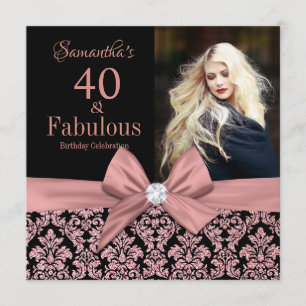 Roos gold glitter damask 40th Birthday Invitation Kaart