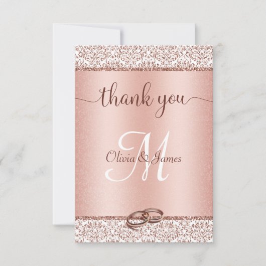 Roos Gold Glitter Damask Metallic Wedding Bedankkaart (Voorkant)