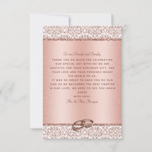 Roos Gold Glitter Damask Metallic Wedding Bedankkaart (Achterkant)