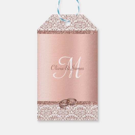 Roos Gold Glitter Damask Monogram Weddenschap Welk Cadeaulabel (Achterkant)