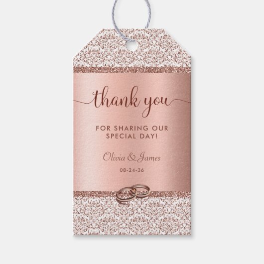 Roos Gold Glitter Damask Weddenschap Hartelijk dan Cadeaulabel (Voorkant)